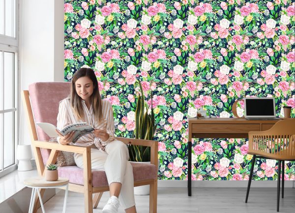 Behang Kleurrijke Bloemen En Bladeren Geschilderd Met Waterverf - Afbeelding 7