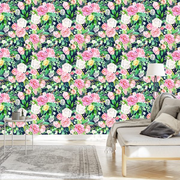 Behang Kleurrijke Bloemen En Bladeren Geschilderd Met Waterverf - Afbeelding 3