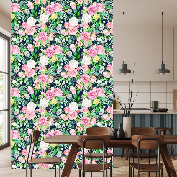 Behang Kleurrijke Bloemen En Bladeren Geschilderd Met Waterverf - Afbeelding 4