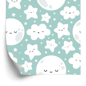 Tapete für Kinder - Glückliche Sterne, Wolken und Monde