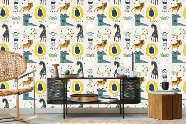 Behang Voor Kinderen - Wilde Dieren In Scandinavische Stijl - Afbeelding 5