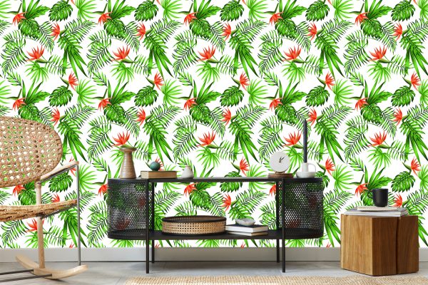 Behang Stijlvolle Tropische Bladeren En Bloemen - Afbeelding 5
