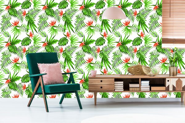 Behang Stijlvolle Tropische Bladeren En Bloemen - Afbeelding 6