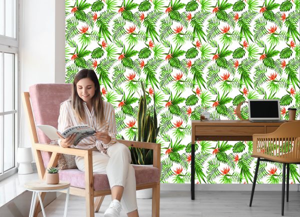 Behang Stijlvolle Tropische Bladeren En Bloemen - Afbeelding 7