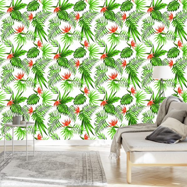 Behang Stijlvolle Tropische Bladeren En Bloemen - Afbeelding 3