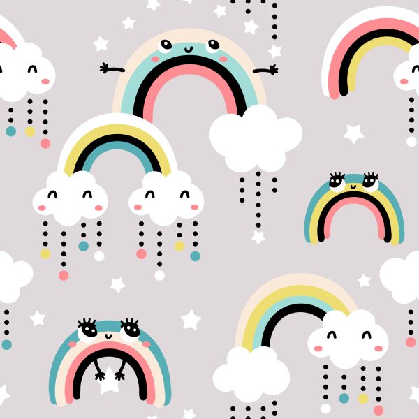 Behang Voor Kinderen - Vrolijke Kleurrijke Regenbogen En Wolken - Afbeelding 2
