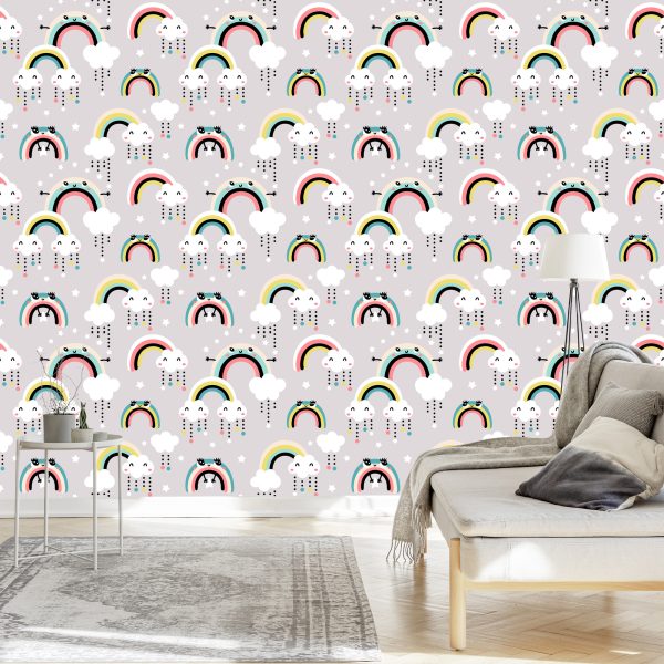 Behang Voor Kinderen - Vrolijke Kleurrijke Regenbogen En Wolken - Afbeelding 3