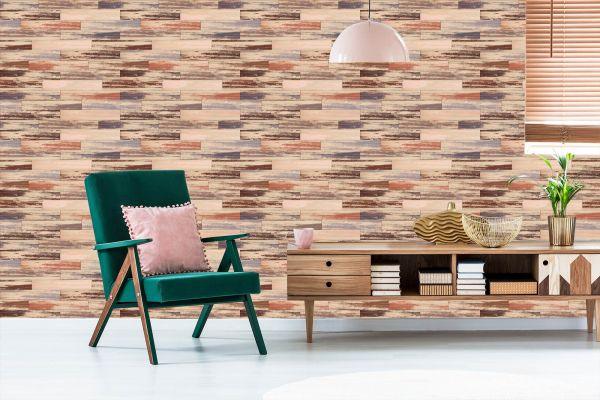 Behang Kleurrijke Houten Planken In Retrostijl - Afbeelding 6