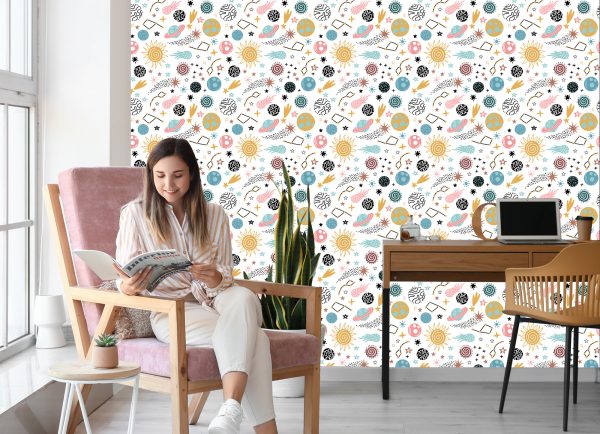 Behang Voor Kinderen - Kleurrijke Sterren En Planeten In Scandinavische Stijl - Afbeelding 7