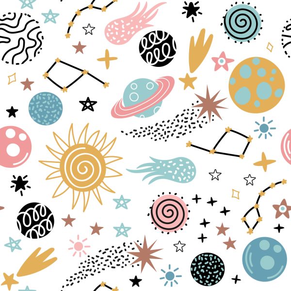 Behang Voor Kinderen - Kleurrijke Sterren En Planeten In Scandinavische Stijl - Afbeelding 2