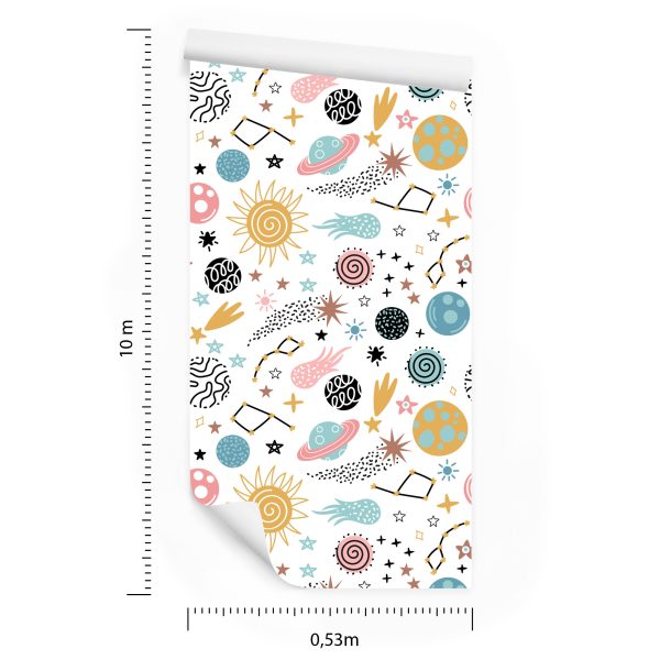 Behang Voor Kinderen - Kleurrijke Sterren En Planeten In Scandinavische Stijl - Afbeelding 8