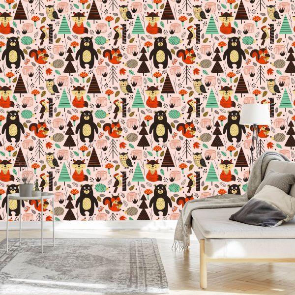 Behang Voor Kinderen - Bosdieren In Scandinavische Stijl - Afbeelding 3