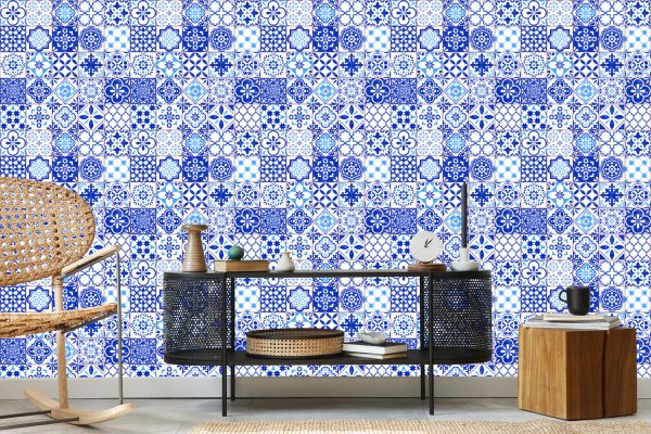 Behang Retro - Blauw - Wit Mozaïek - Afbeelding 5
