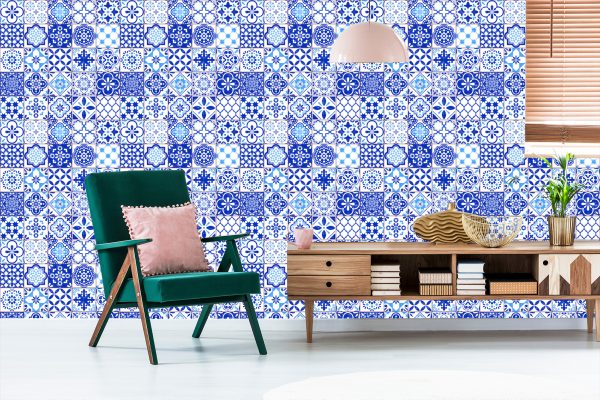 Behang Retro - Blauw - Wit Mozaïek - Afbeelding 6