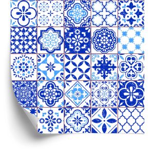Behang Retro - Blauw - Wit Mozaïek