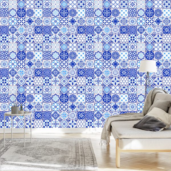 Behang Retro - Blauw - Wit Mozaïek - Afbeelding 3