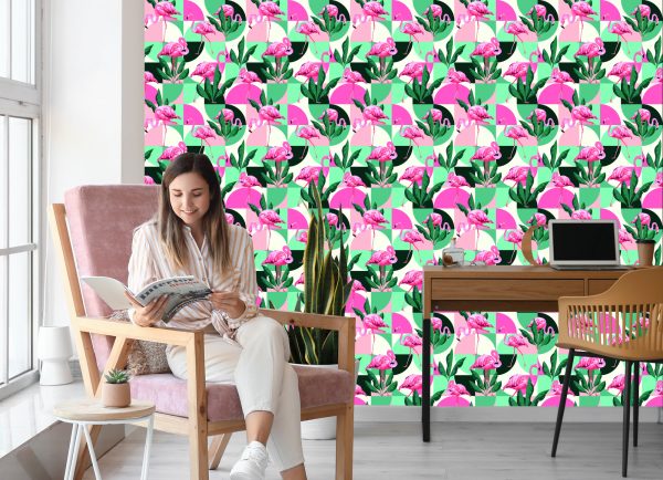 Behang Modieuze Roze Flamingo's En Bladeren - Afbeelding 7