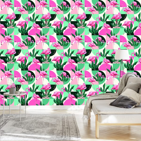 Behang Modieuze Roze Flamingo's En Bladeren - Afbeelding 3