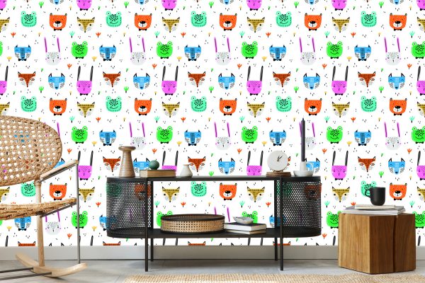 Behang Voor Kinderen - Vrolijke Kleurrijke Bosdieren In Scandinavische Stijl - Afbeelding 5