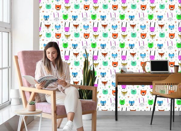 Behang Voor Kinderen - Vrolijke Kleurrijke Bosdieren In Scandinavische Stijl - Afbeelding 7