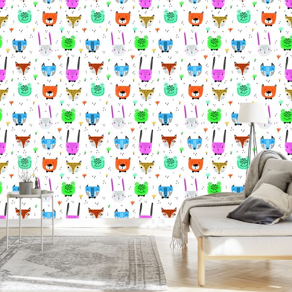 Behang Voor Kinderen - Vrolijke Kleurrijke Bosdieren In Scandinavische Stijl - Afbeelding 3