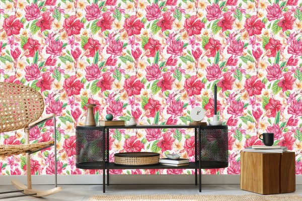Behang Kleurrijke Exotische Bloemen En Bladeren - Afbeelding 5