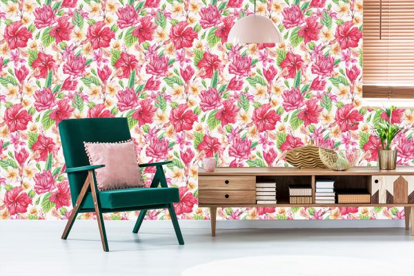 Behang Kleurrijke Exotische Bloemen En Bladeren - Afbeelding 6