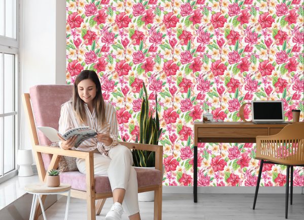 Behang Kleurrijke Exotische Bloemen En Bladeren - Afbeelding 7