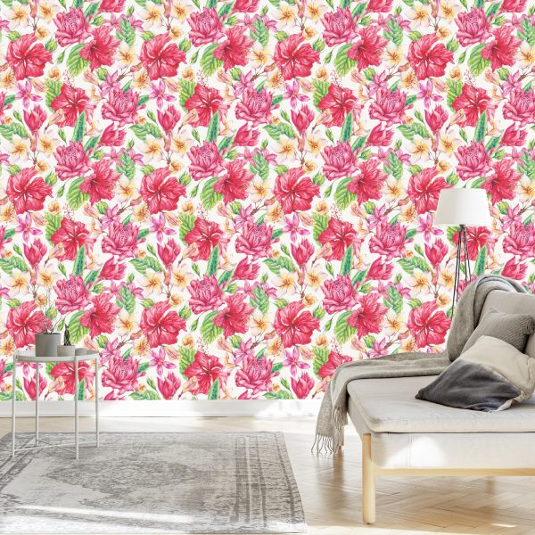 Behang Kleurrijke Exotische Bloemen En Bladeren - Afbeelding 3