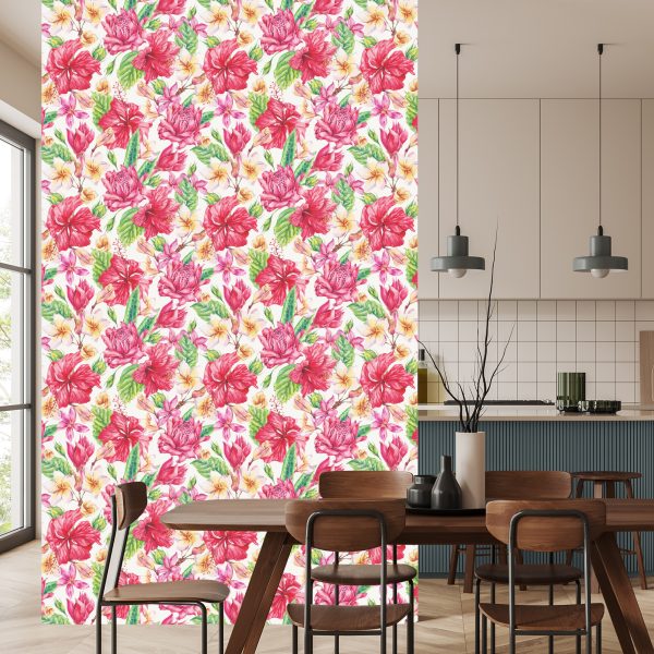 Behang Kleurrijke Exotische Bloemen En Bladeren - Afbeelding 4