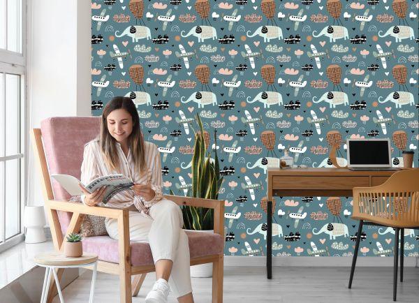 Behang Voor Kinderen - Olifanten, Vliegtuigen En Wolken In Scandinavische Stijl - Afbeelding 7