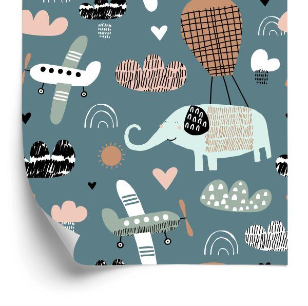 Behang Voor Kinderen - Olifanten, Vliegtuigen En Wolken In Scandinavische Stijl