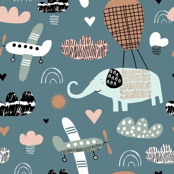 Behang Voor Kinderen - Olifanten, Vliegtuigen En Wolken In Scandinavische Stijl - Afbeelding 2