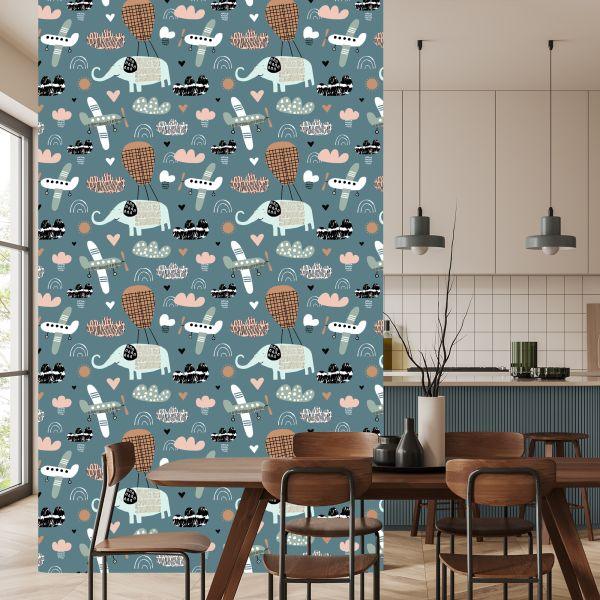 Behang Voor Kinderen - Olifanten, Vliegtuigen En Wolken In Scandinavische Stijl - Afbeelding 4