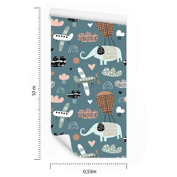 Behang Voor Kinderen - Olifanten, Vliegtuigen En Wolken In Scandinavische Stijl - Afbeelding 8