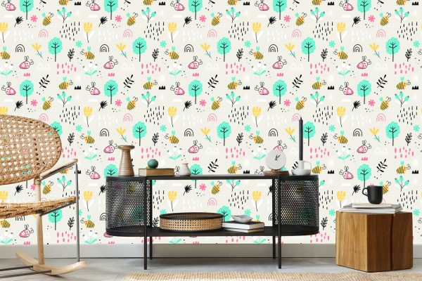 Behang Voor Kinderen - Bijen En Planten In Scandinavische Stijl - Afbeelding 5