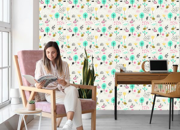 Behang Voor Kinderen - Bijen En Planten In Scandinavische Stijl - Afbeelding 7