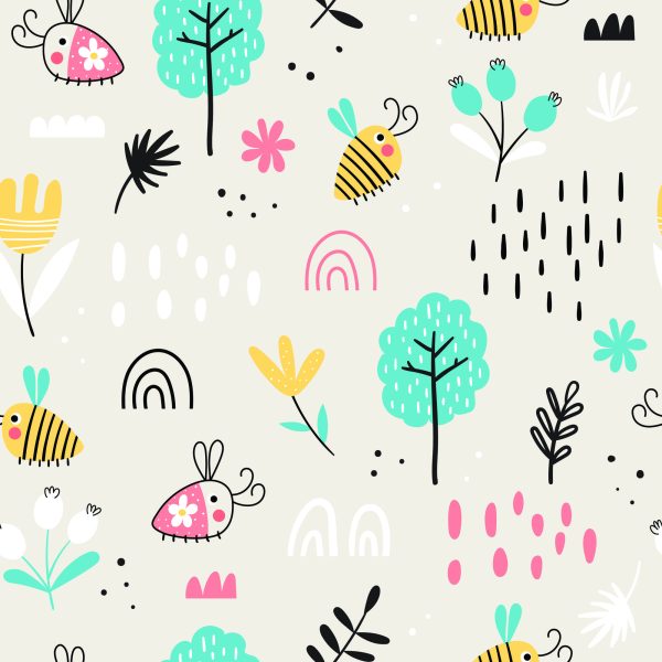 Behang Voor Kinderen - Bijen En Planten In Scandinavische Stijl - Afbeelding 2
