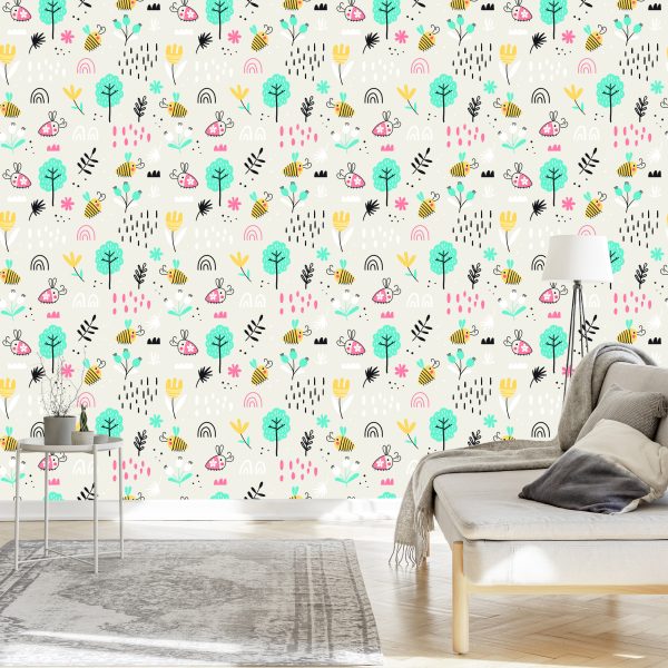 Behang Voor Kinderen - Bijen En Planten In Scandinavische Stijl - Afbeelding 3