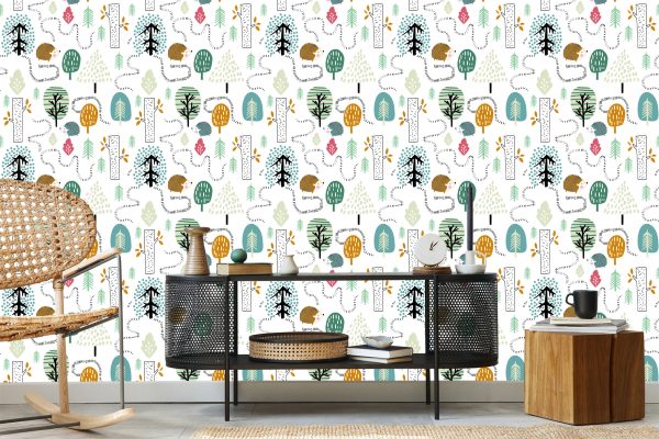 Behang Voor Kinderen - Een Kleurrijk Bos In Scandinavische Stijl - Afbeelding 5