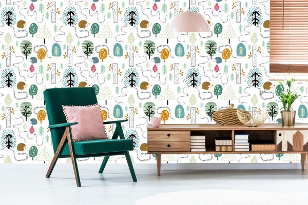 Behang Voor Kinderen - Een Kleurrijk Bos In Scandinavische Stijl - Afbeelding 6