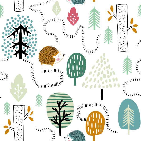 Behang Voor Kinderen - Een Kleurrijk Bos In Scandinavische Stijl - Afbeelding 2