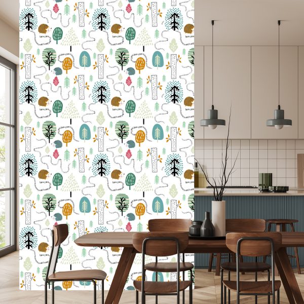 Behang Voor Kinderen - Een Kleurrijk Bos In Scandinavische Stijl - Afbeelding 4