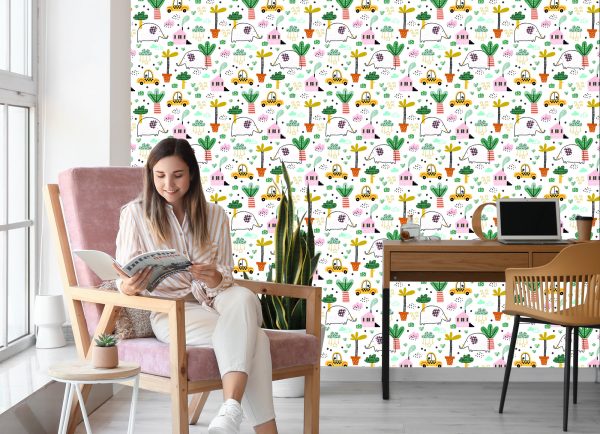 Behang Voor Kinderen - Olifanten, Auto's En Huizen In Scandinavische Stijl - Afbeelding 7