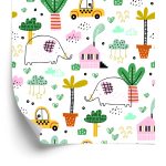 Behang Voor Kinderen - Olifanten, Auto's En Huizen In Scandinavische Stijl