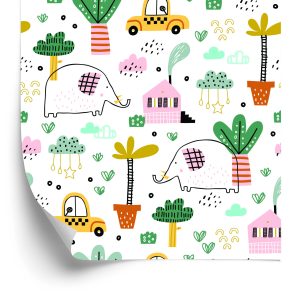 Behang Voor Kinderen - Olifanten, Auto's En Huizen In Scandinavische Stijl