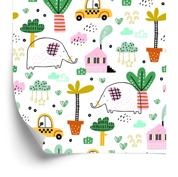 Behang Voor Kinderen - Olifanten, Auto's En Huizen In Scandinavische Stijl
