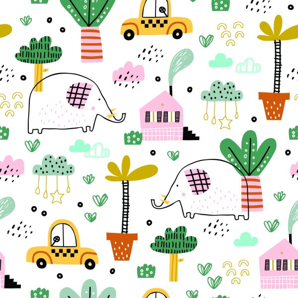 Behang Voor Kinderen - Olifanten, Auto's En Huizen In Scandinavische Stijl - Afbeelding 2