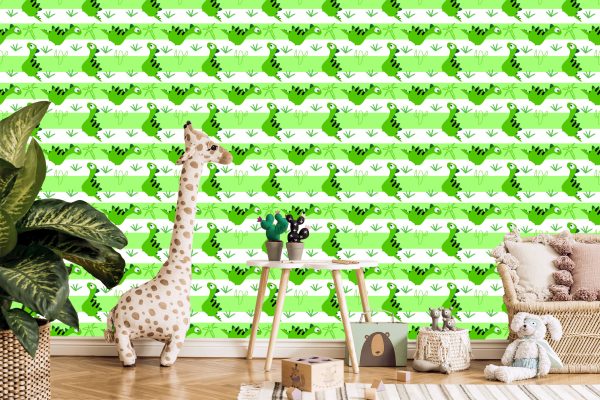 Behang Voor Kinderen - Dinosaurussen Op De Groen - Witte Strepen Achtergrond - Afbeelding 5