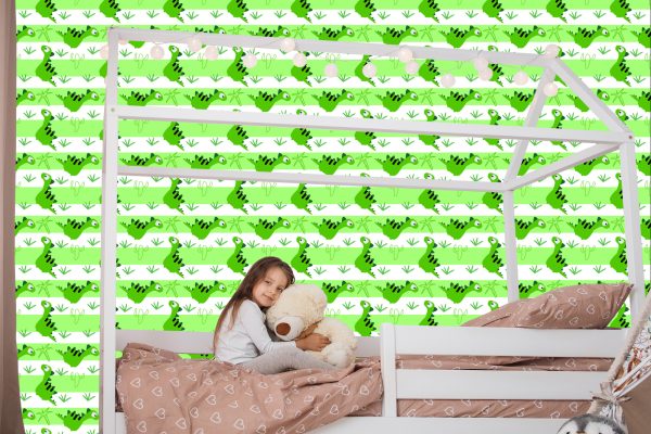 Behang Voor Kinderen - Dinosaurussen Op De Groen - Witte Strepen Achtergrond - Afbeelding 7